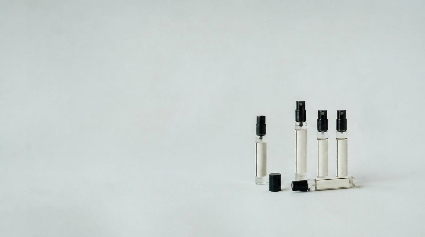 Fioles de parfum aux étiquettes vierges sur fond gris clair